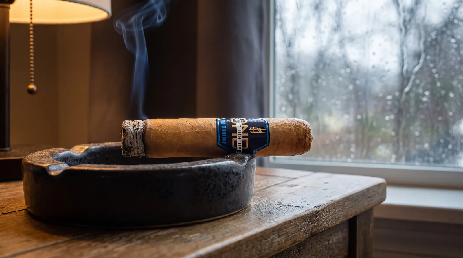 The Alec Bradley Do Not Disturb resting in an ashtray beside a rain-streaked window