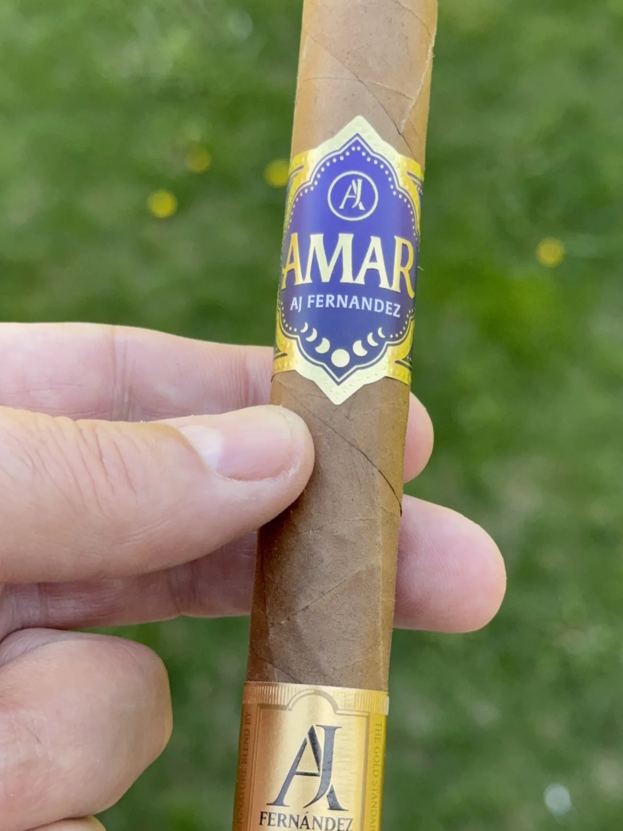 A.J. Fernandez Amar in hand over the lawn, purple and gold band with lunar phases in view