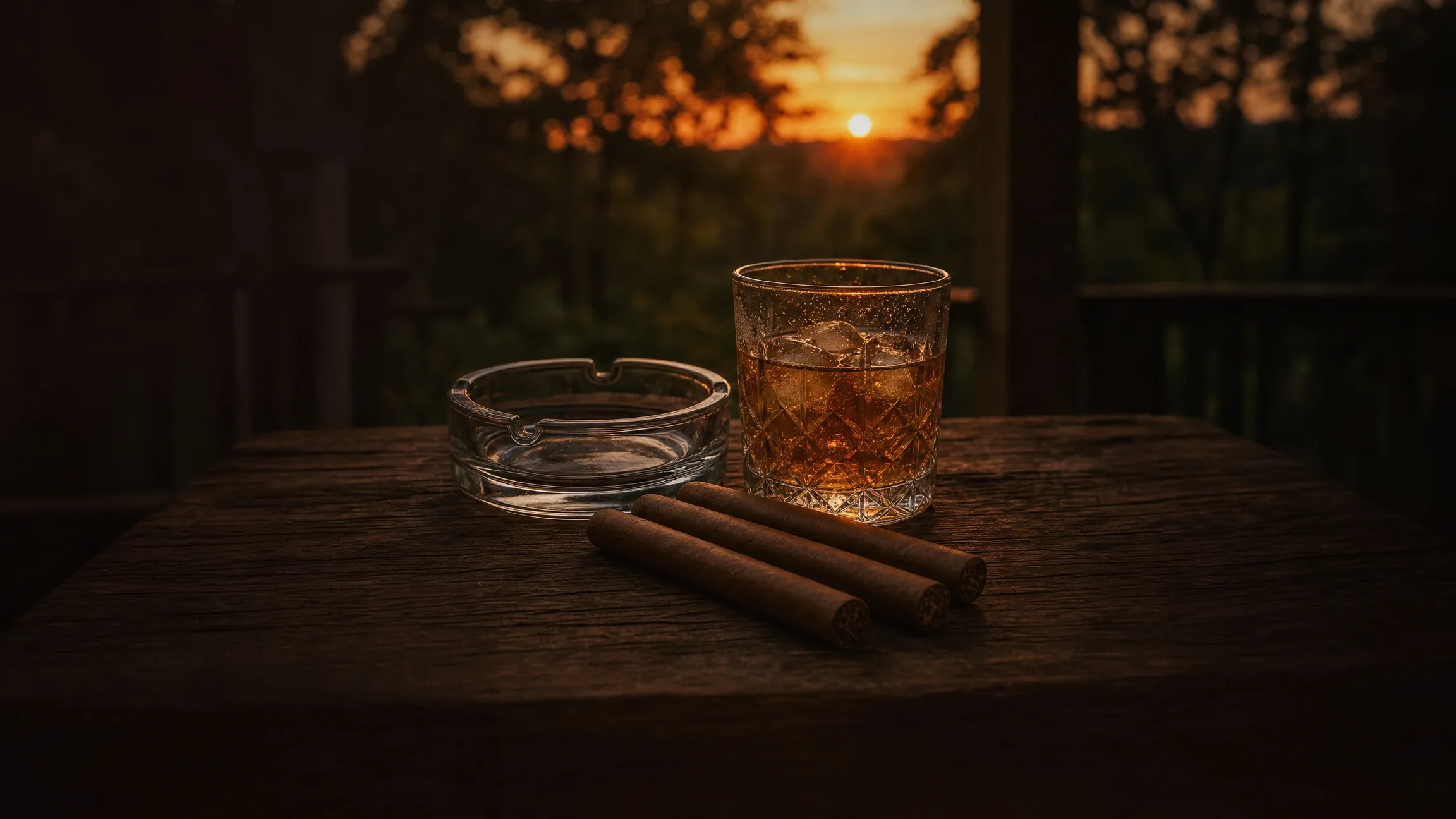 Cigars, a glass ashtray and a bourbon on the rocks on a weathered porch table at sunset on a late-August evening