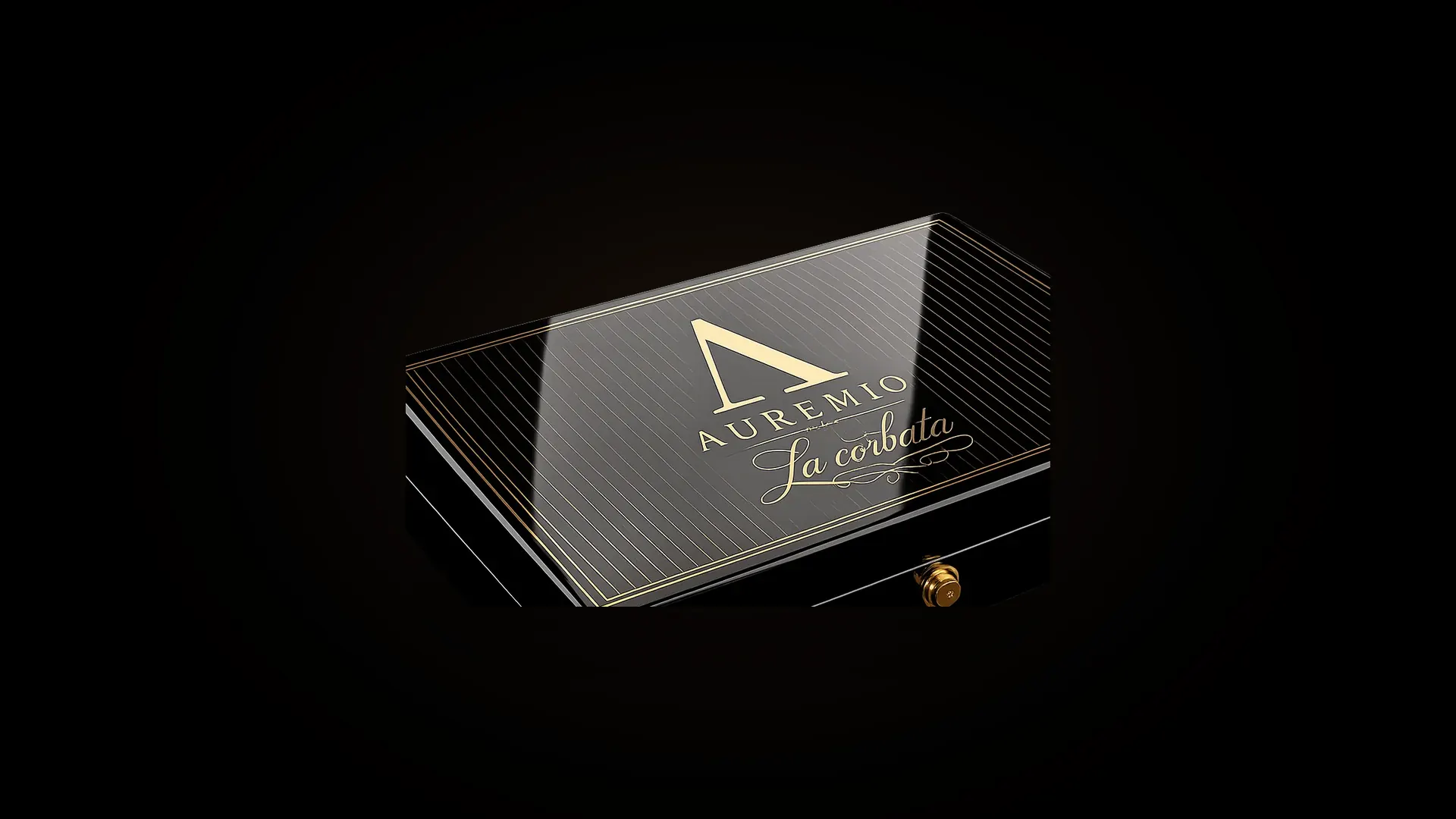 Auremio La Corbata cigar box, black lacquer lid with gold pinstriping and the gold Auremio A above La Corbata script
