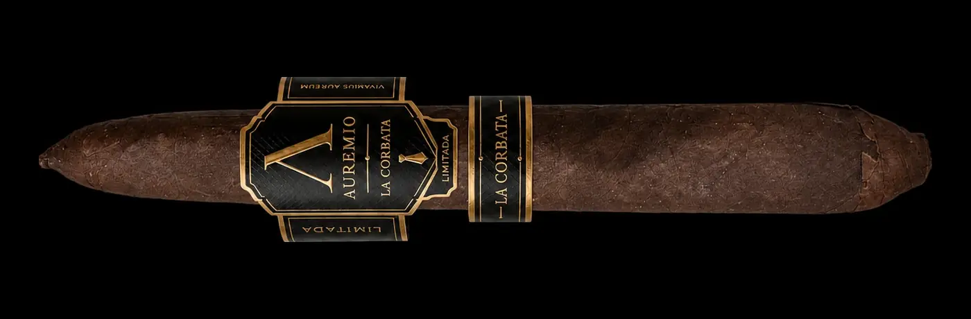 Auremio La Corbata box-pressed Salomón cigar shown horizontally, dark oscuro wrapper with a black and gold Auremio band and a second La Corbata band