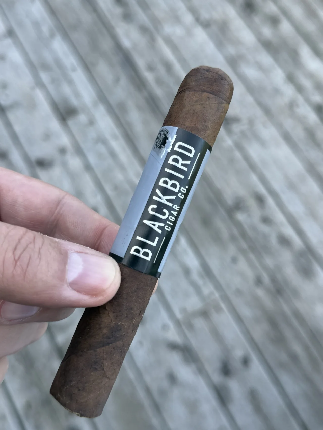 Blackbird Cuco Robusto held over the porch deck, black and grey Blackbird Cigar Co. band in view