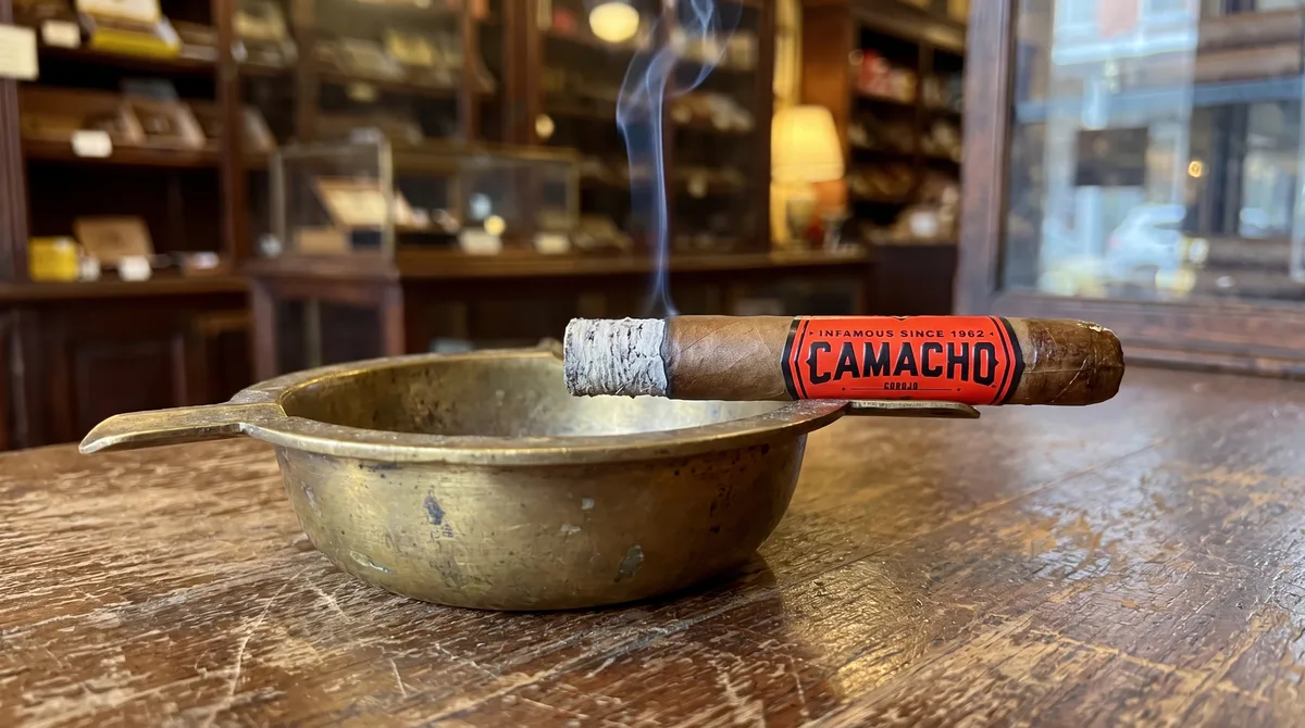 CAMACHO COROJO ROBUSTO 5×50 resting in a big brass ashtray in an old New Orleans cigar shop