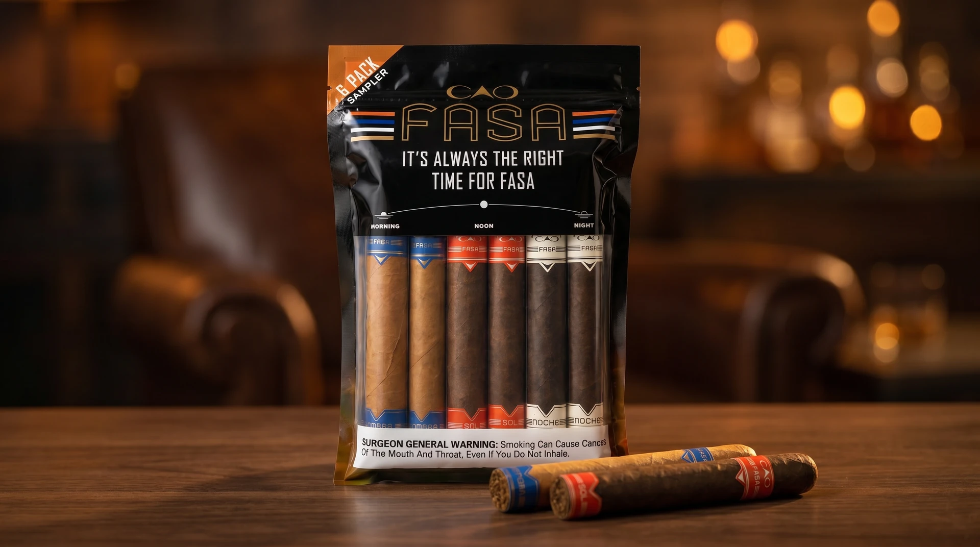 CAO FASA fresh pack sampler pouch with six cigars fanned in front showing three different wrappers