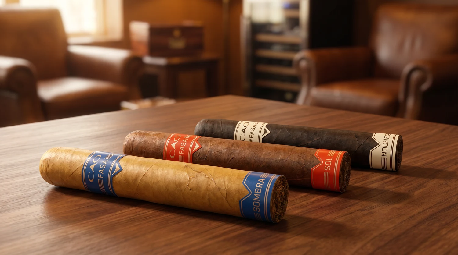 The three CAO FASA wrappers side by side, an Ecuadorian shade Sombra, a Honduran sun-grown Sol, and a dark Connecticut broadleaf Noche