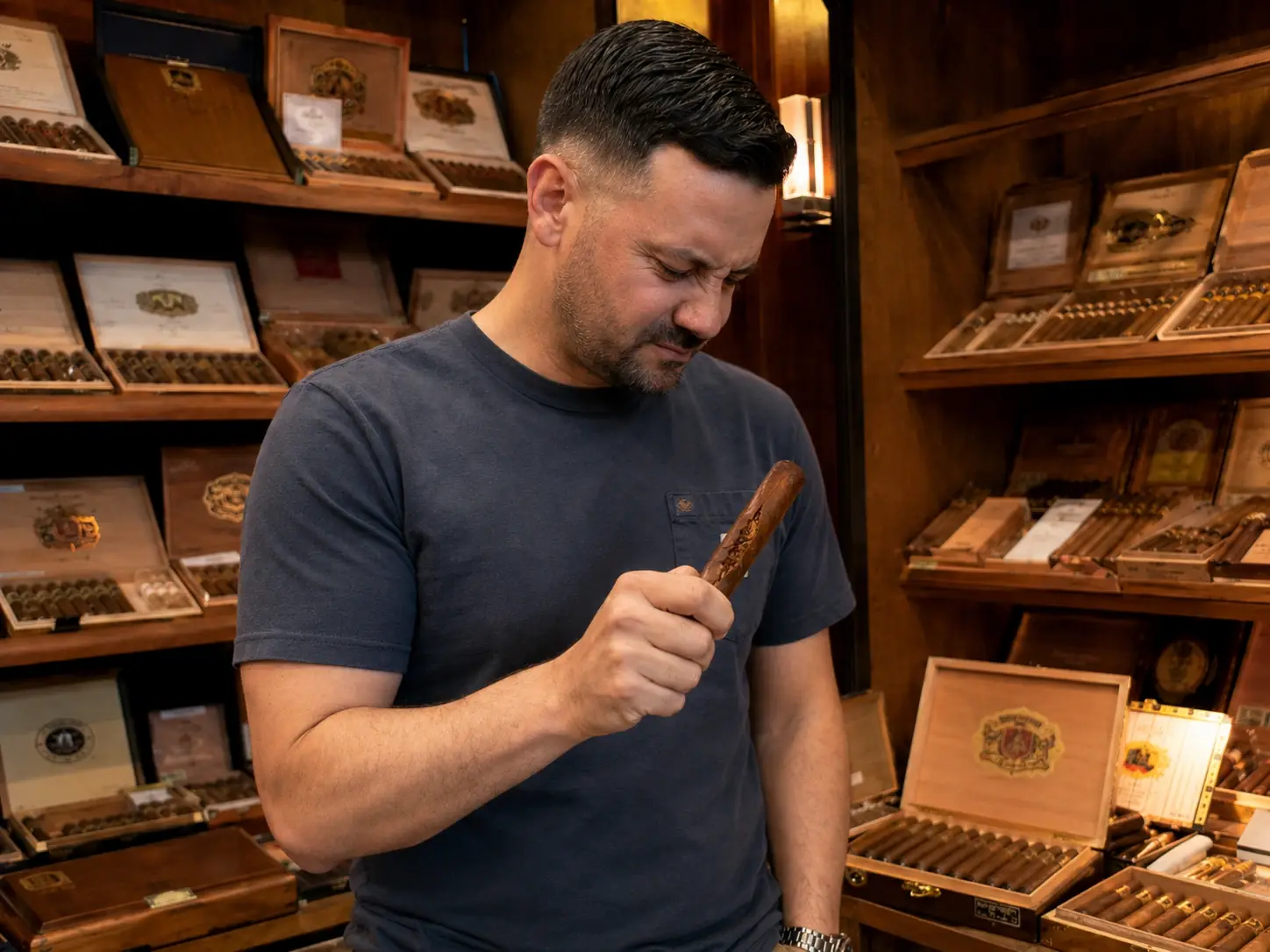 Man carefully inspecting a cigar in a walk-in humidor using light fingertip pressure