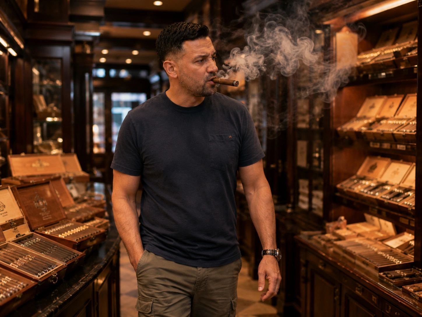 Man with a lit cigar inside a walk-in humidor, exactly what not to do
