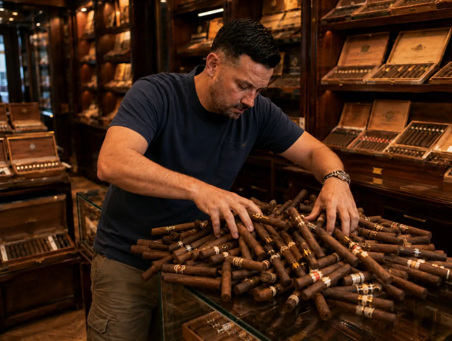 Walk-in humidor shelf with organized cigar boxes, limited releases should stay shared among customers