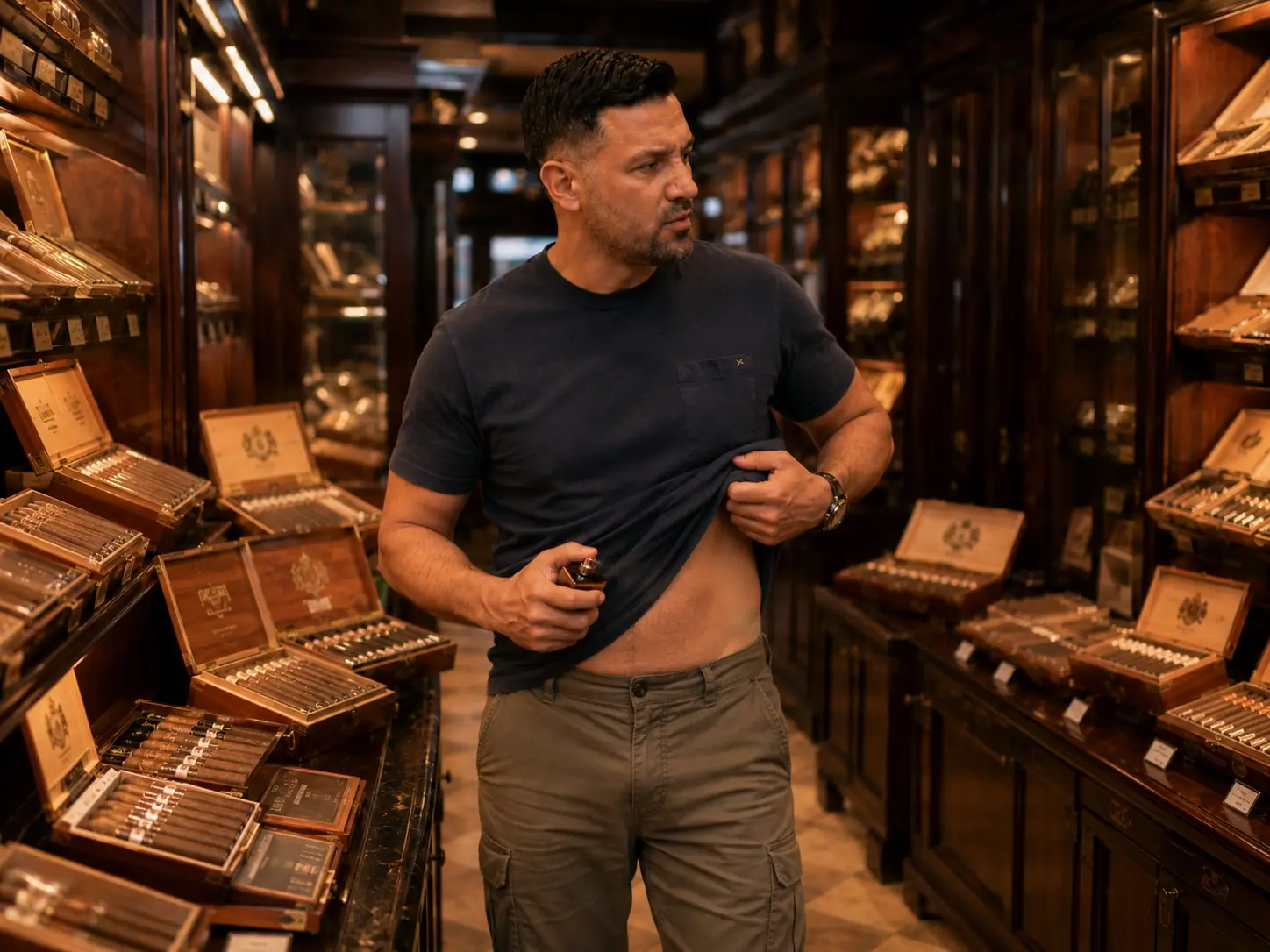 Well-maintained walk-in humidor interior, fragrance contamination disrupts the carefully controlled aromatic environment