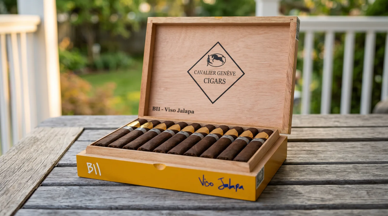 Open yellow Cavalier Geneve BII Viso Jalapa box of box-pressed robustos on a porch table at golden hour