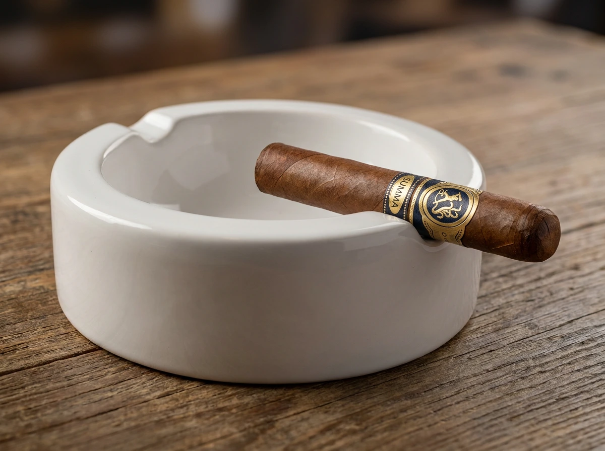 Ferio Tego Summa Corona Gorda resting in a cigar ashtray, unlit