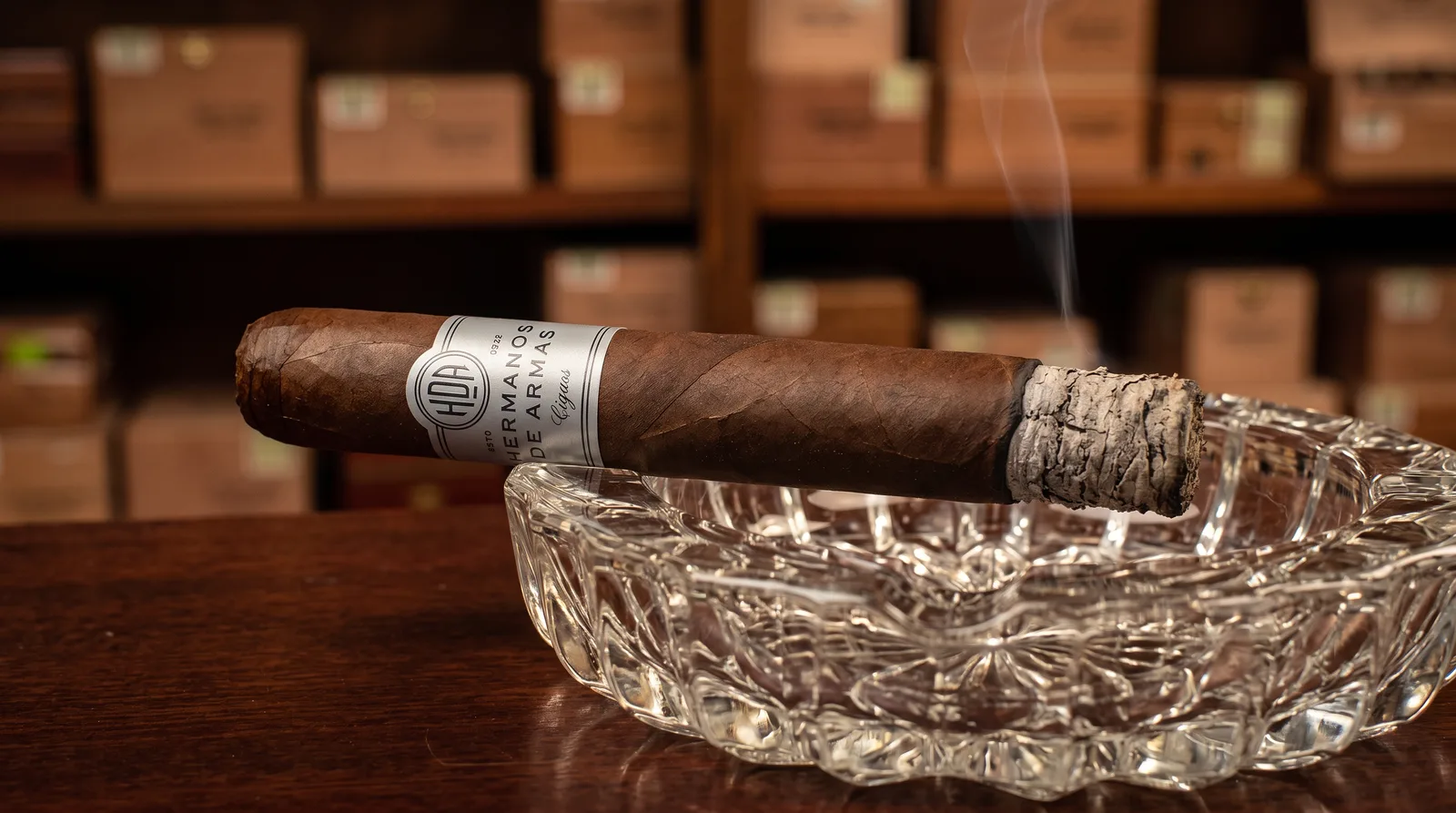Hermanos de Armas Descending Shadows toro burning in a crystal ashtray, silver HDA band visible