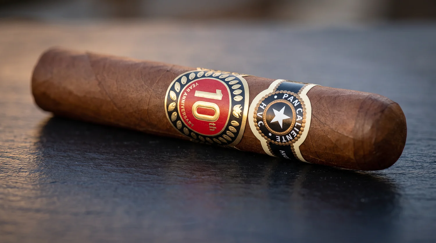 Single Pan Caliente de HVC 10th Anniversary Gloriosos cigar on dark slate, showing the black Pan Caliente HVC star band above the red 10th Year Anniversary band