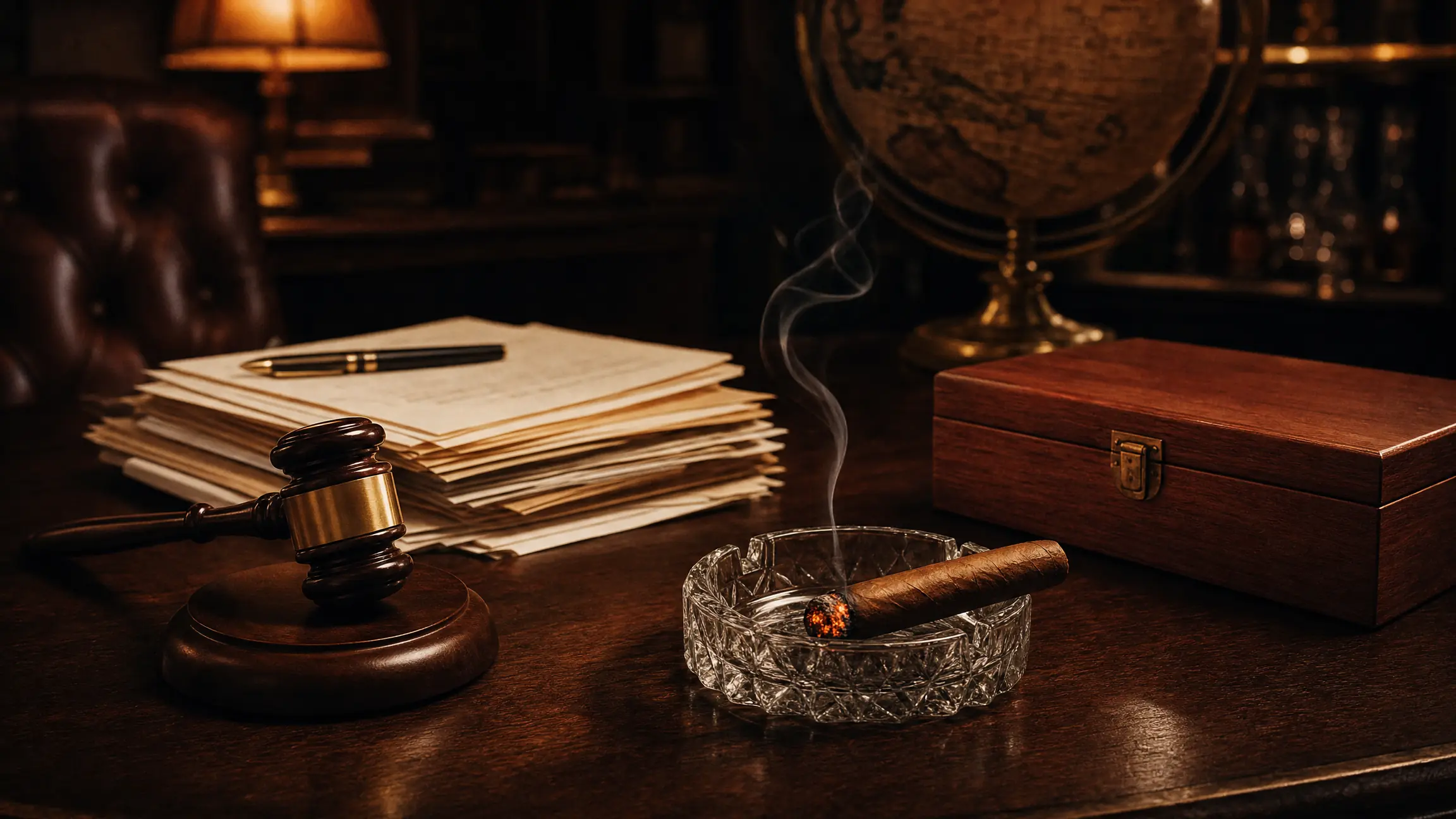 Editorial still life of a gavel, legal documents, and a lit cigar representing the cigar industry's July 2026 legal and trade news