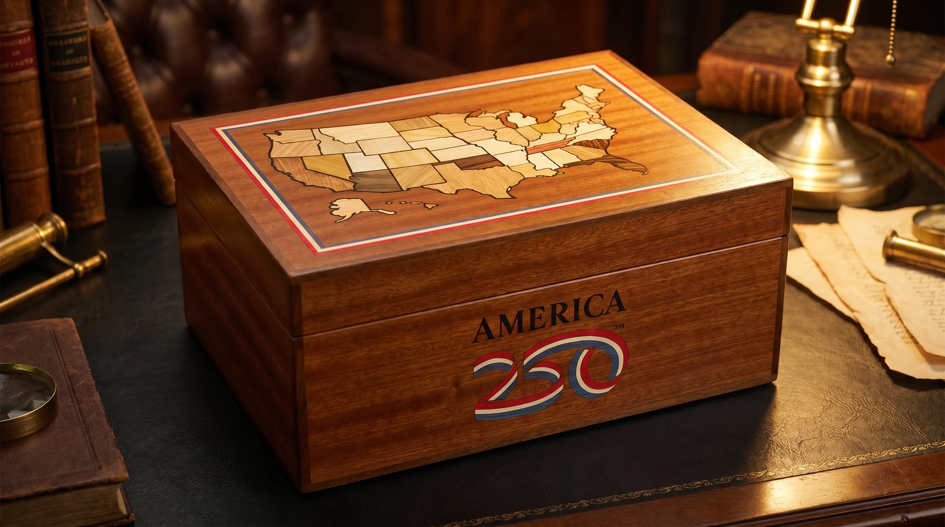 J.C. Newman America250 humidor with an inlaid marquetry map of the United States on the lid and rows of The American perfecto cigars inside