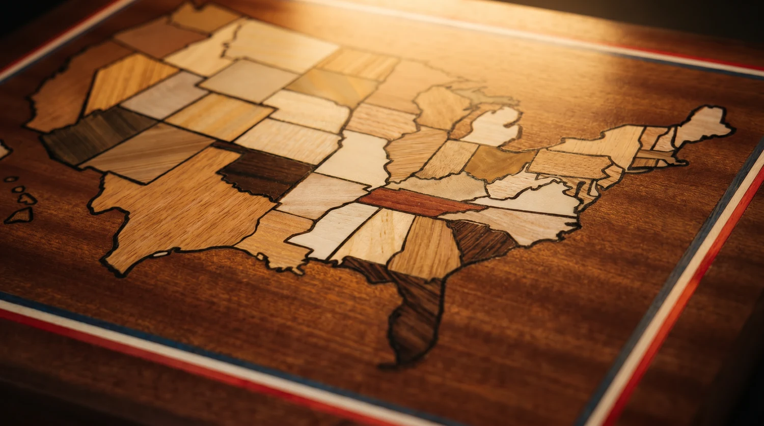 Close view of the humidor lid showing an inlaid marquetry map of the United States, each state cut from a different natural American wood