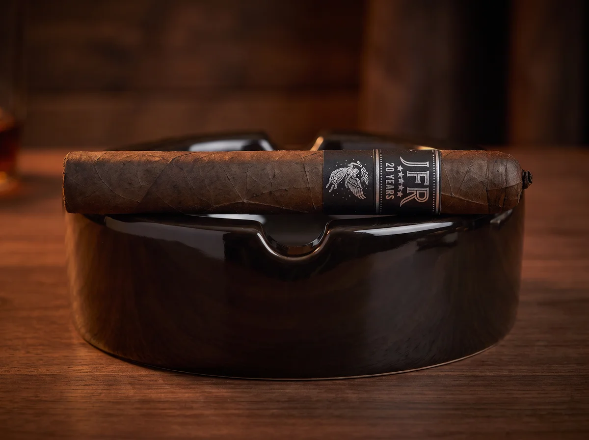 JFR 20th Anniversary Maduro Titan BP resting in a cigar ashtray, unlit