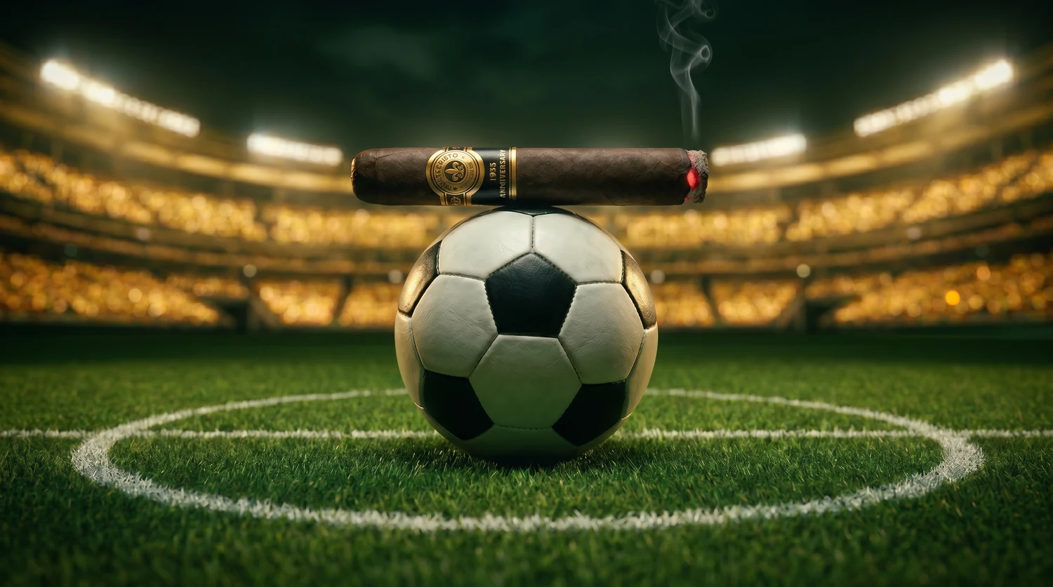 A Montecristo 1935 Anniversary cigar balanced on a gold soccer ball at the floodlit center circle of a stadium pitch, a thin curl of smoke rising from the lit foot