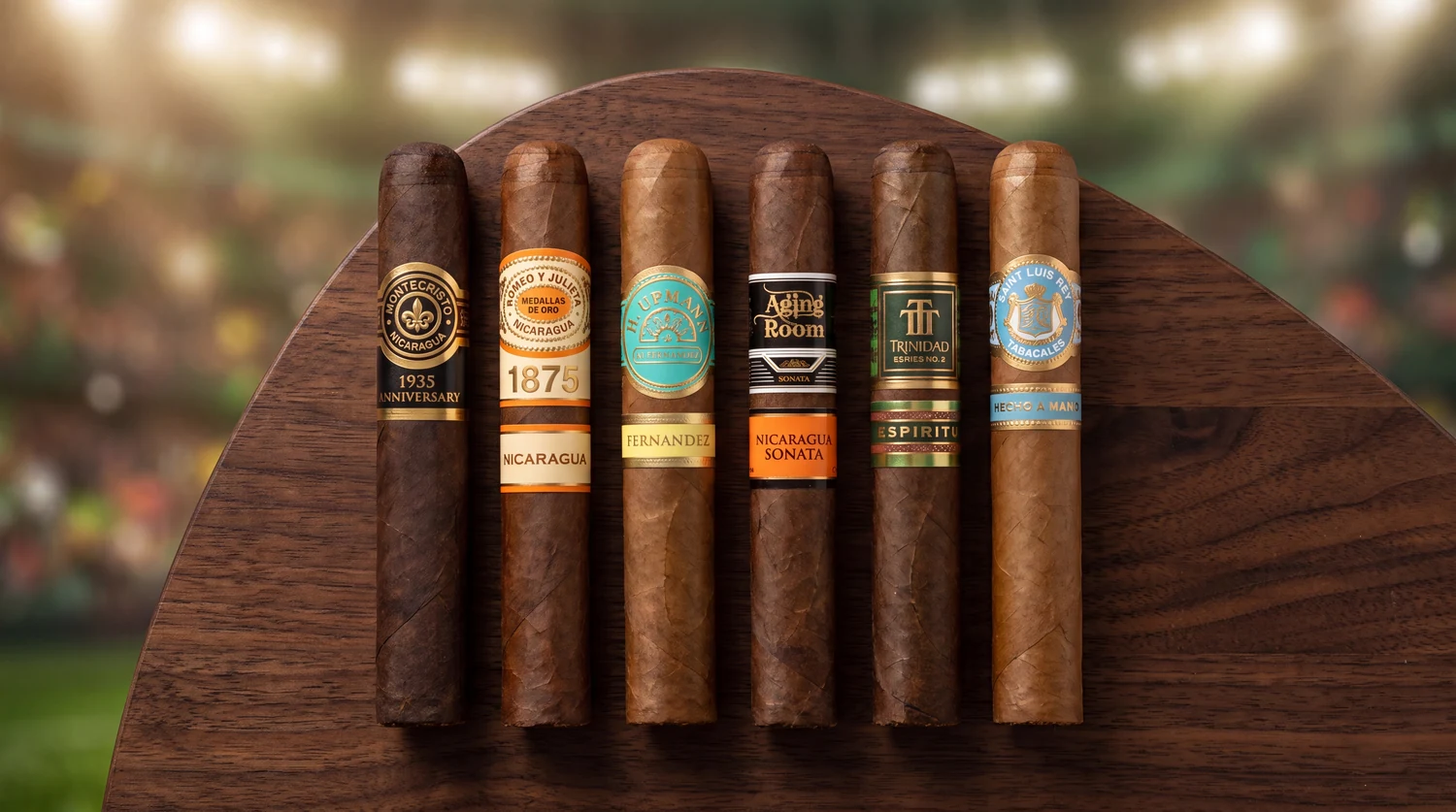 The six Altadis brands from the Jogo Bonito sampler laid out flat in a row, each showing its own band: Montecristo 1935, Romeo y Julieta 1875, H. Upmann by AJ Fernandez, Aging Room Quattro Sonata, Trinidad Espiritu, and Saint Luis Rey