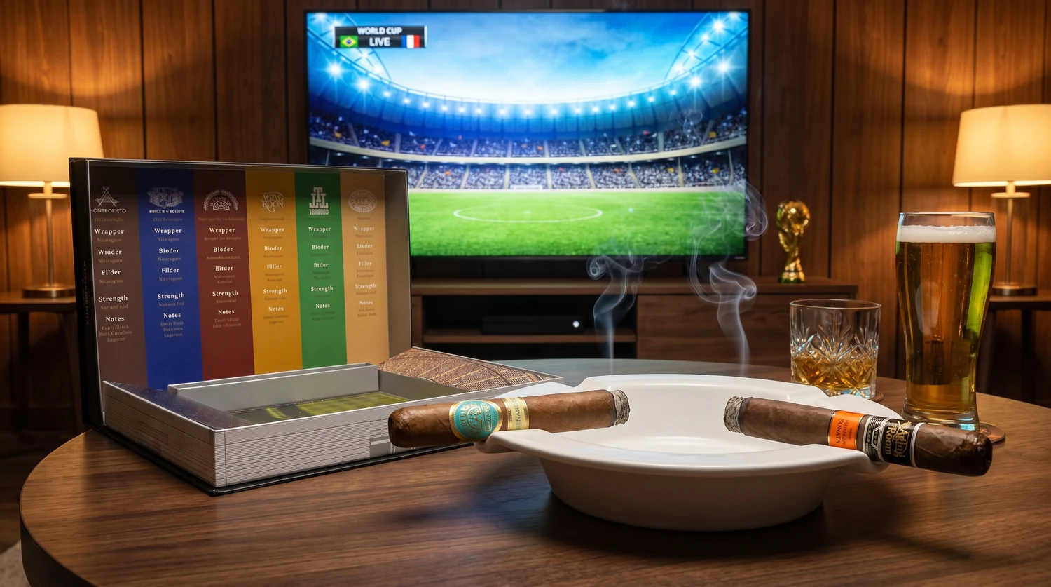 A World Cup watch party: the open Jogo Bonito box on a lounge table with two cigars resting in an ashtray, a whiskey and a beer, and the match live on the TV