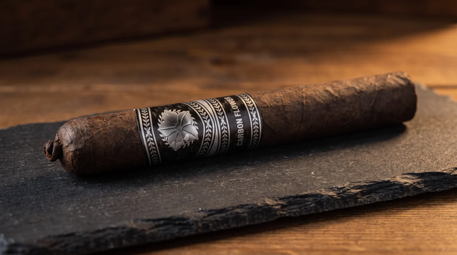 Single unlit La Flor Dominicana Carbon Flower toro extra resting on dark slate, rustic maduro wrapper, pigtail cap and the black Carbon Flower band