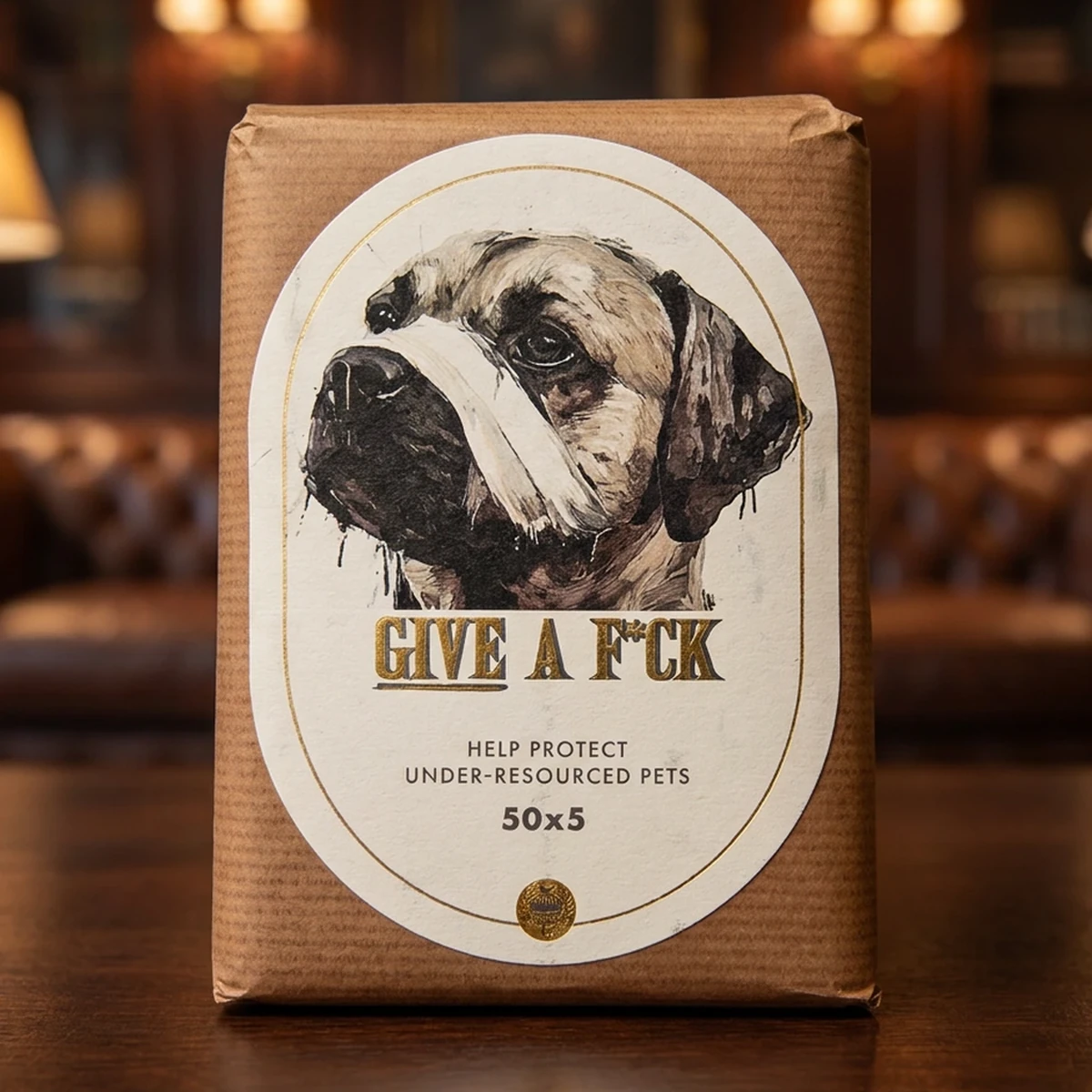 Lost and Found Give a F*ck 2026 kraft paper cigar bundle with a white oval label carrying a painted boxer dog portrait and gold lettering