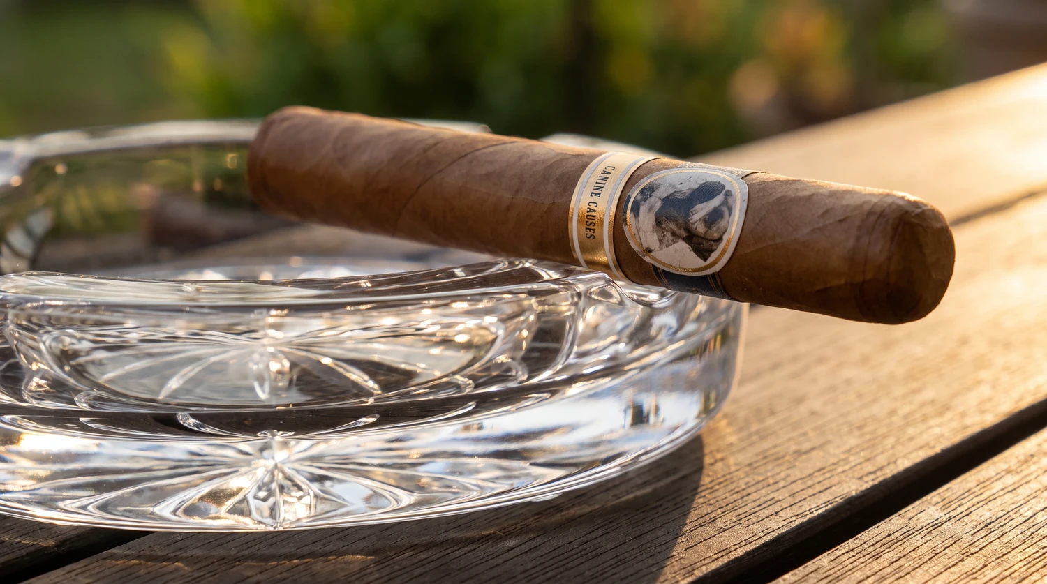 Unlit Lost and Found Give a F*ck 2026 robusto resting across a heavy crystal ashtray on a wooden table