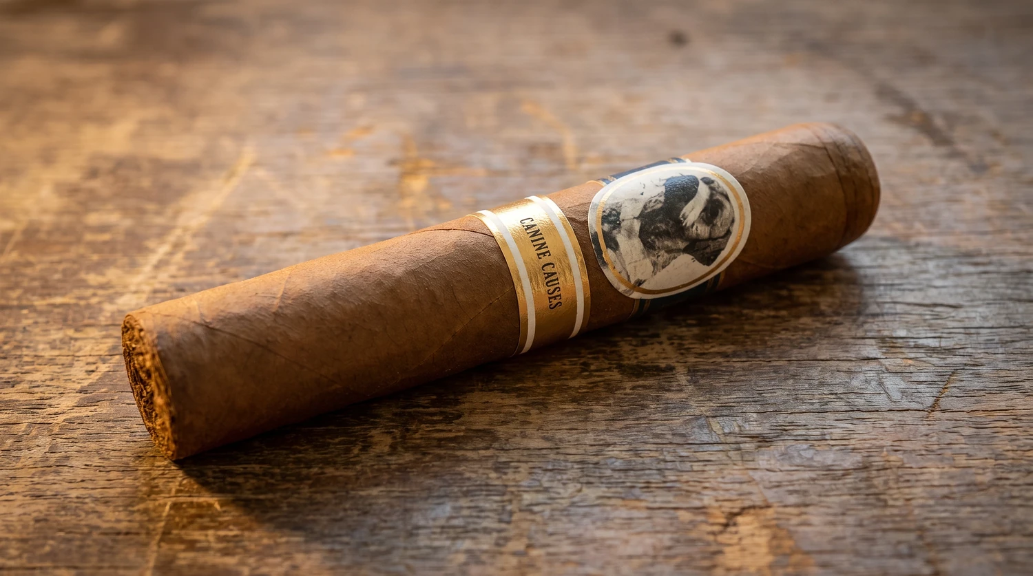 Single unlit Lost and Found Give a F*ck 2026 robusto resting on a wooden surface