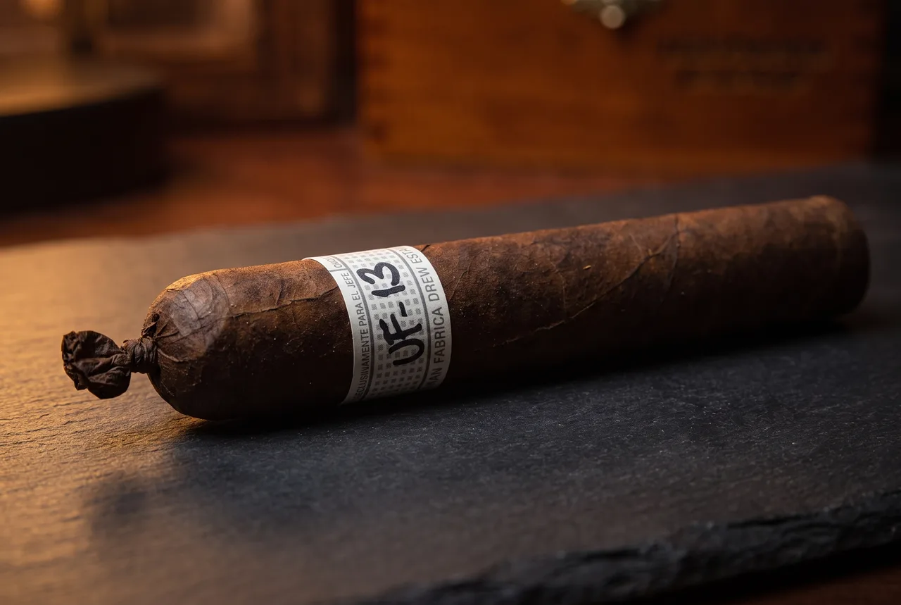 Single Liga Privada Unico Serie UF-13 cigar showing the dark oily Broadleaf wrapper and pigtail cap