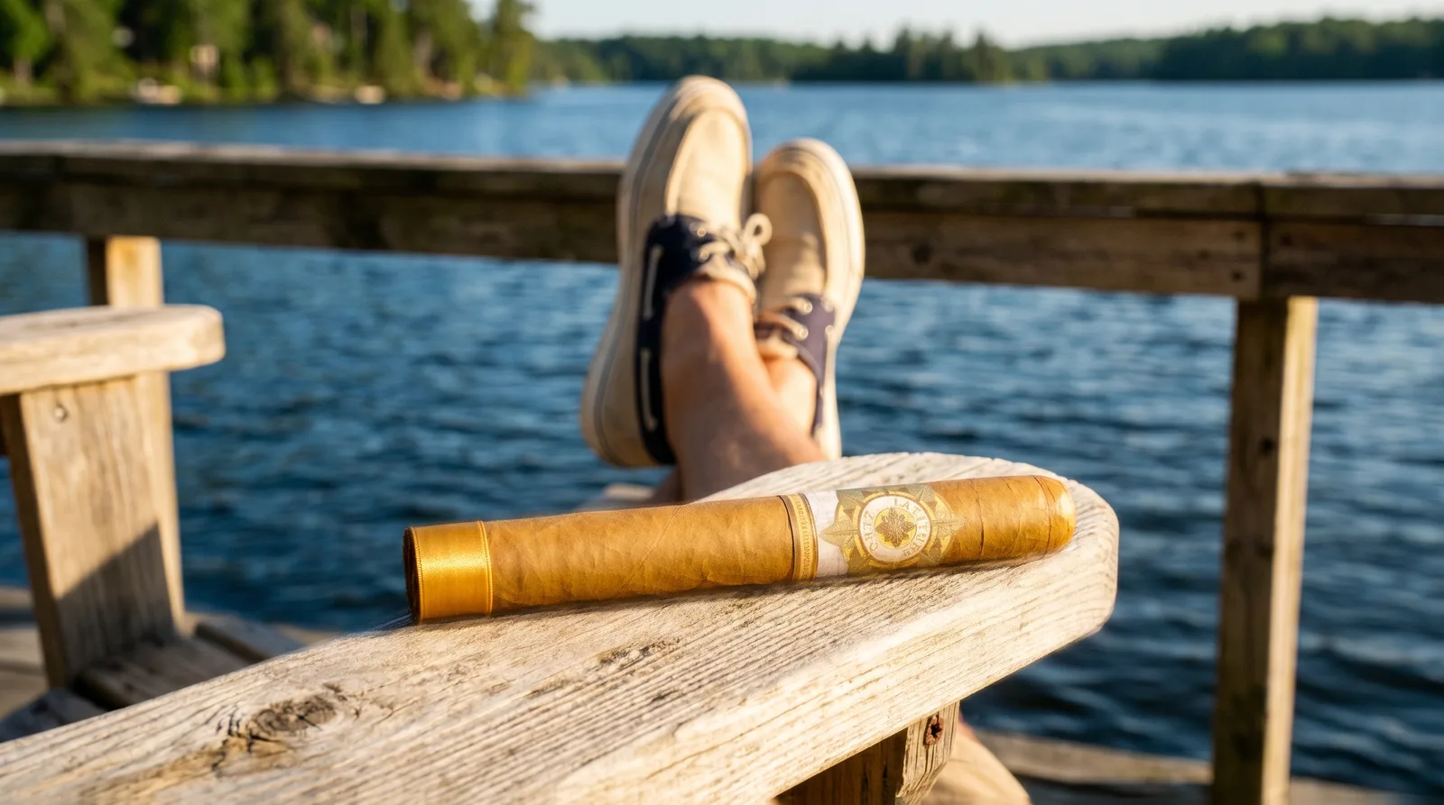 Latitude Zero Los Rios gordo resting on an Adirondack chair arm at a lakeside dock