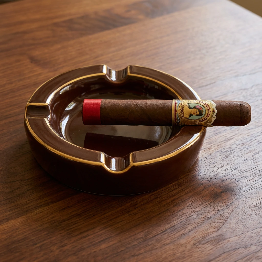 La Aroma de Cuba Robusto resting in a cigar ashtray, unlit