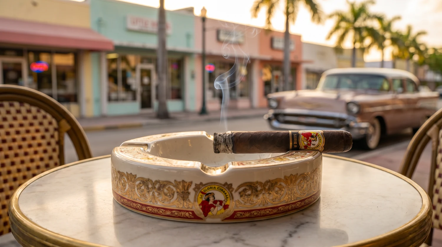 A single La Gloria Cubana cigar resting in a large branded ashtray on a marble café table in Little Havana, Miami, with pastel storefronts, palm trees and a classic 1950s car behind at golden hour