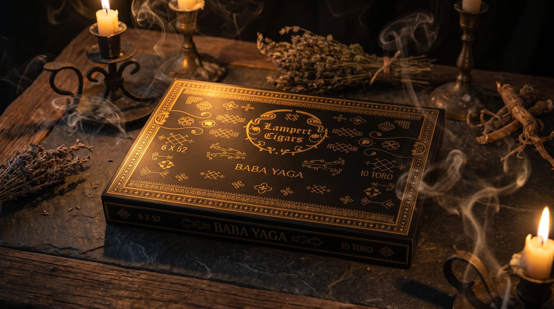 Lampert Baba Yaga Toro on dark weathered wood with an ornate Slavic folklore band in gold and deep-red accents