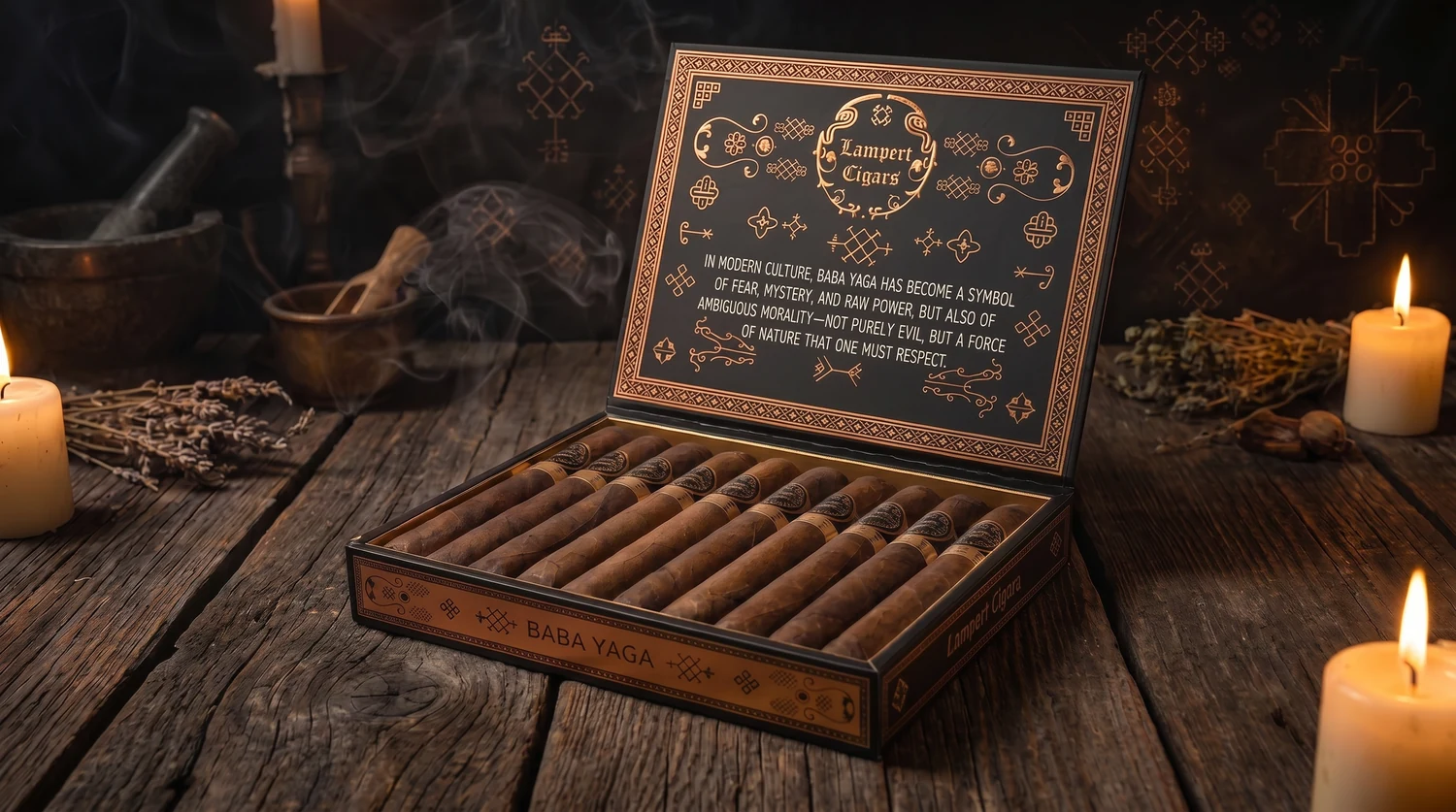 An open box of Lampert Baba Yaga Toros in copper-gold packaging, cigars lined up in the tray and a folklore creed printed on the inner lid, lit by candles among dried herbs