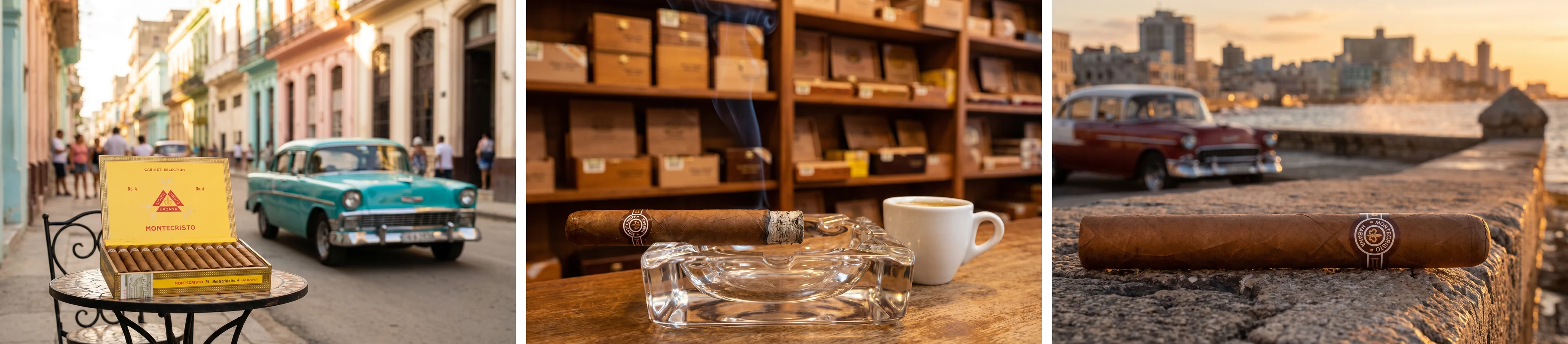 Three scenes of the Montecristo No. 4: an open box on a colonial Havana street, the cigar resting in an ashtray in an old Havana cigar shop, and the cigar on the Malecón seawall at sunset