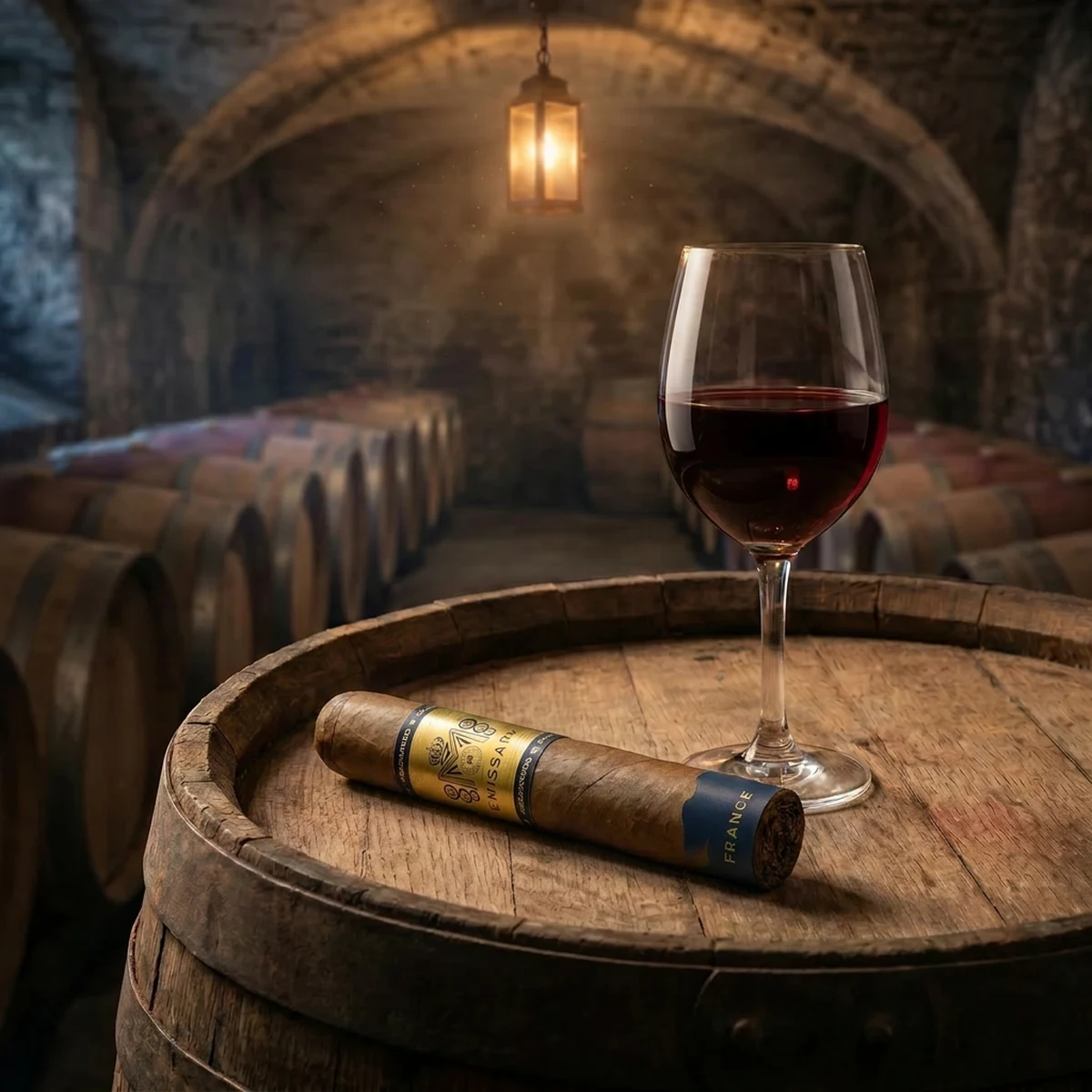 MACANUDO EMISSARY FRANCE ROBUSTO 5×52 resting on a wine barrel in a Bordeaux cellar