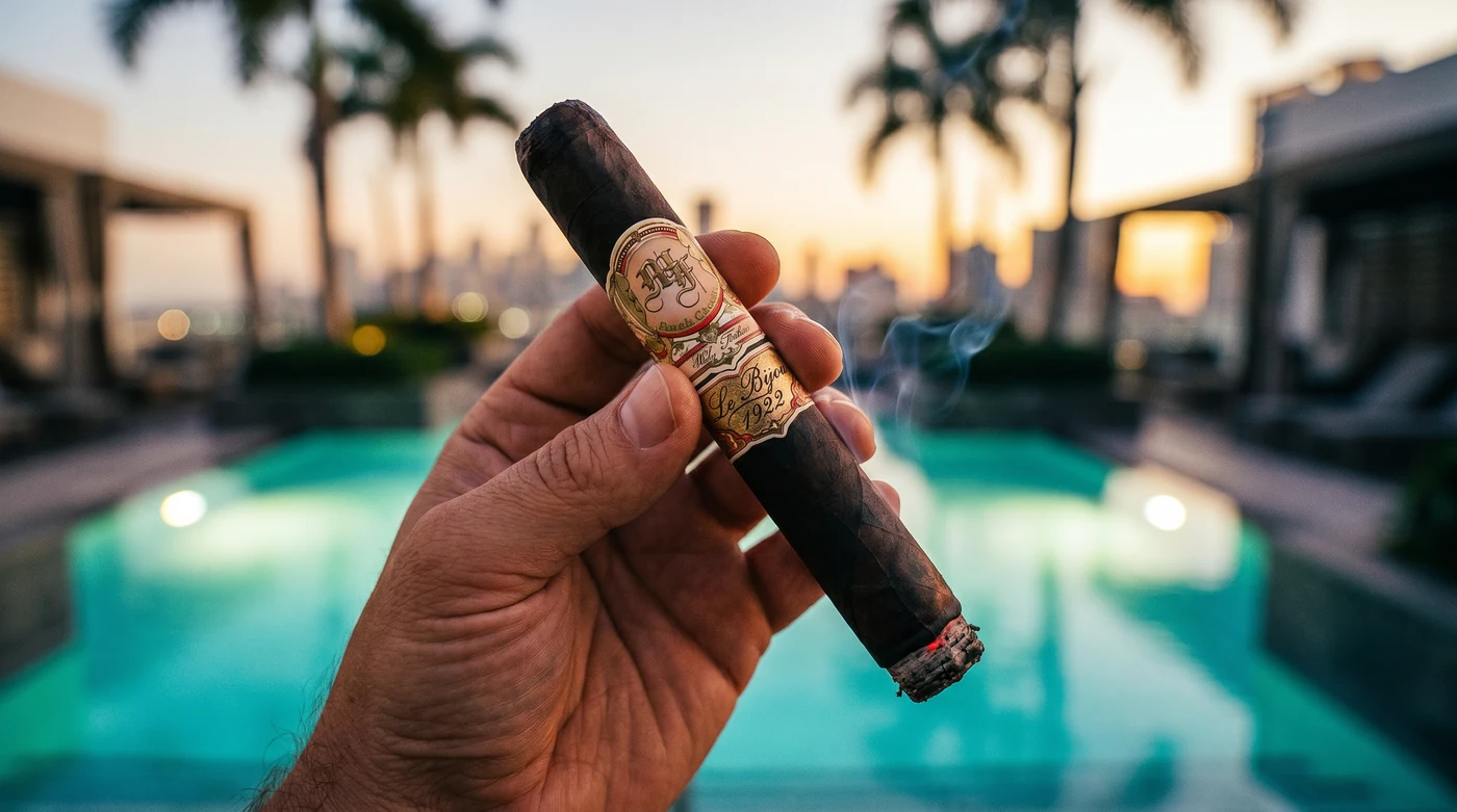 Hand holding a lit My Father Le Bijou 1922 100 Años on a rooftop terrace at dusk, oscuro wrapper and ornate band, smoke rising from the foot