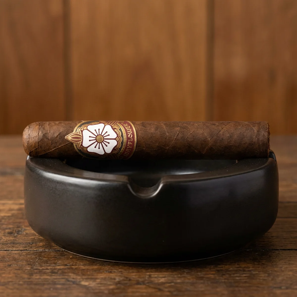 Mayflower Dusk Toro resting in a cigar ashtray, unlit