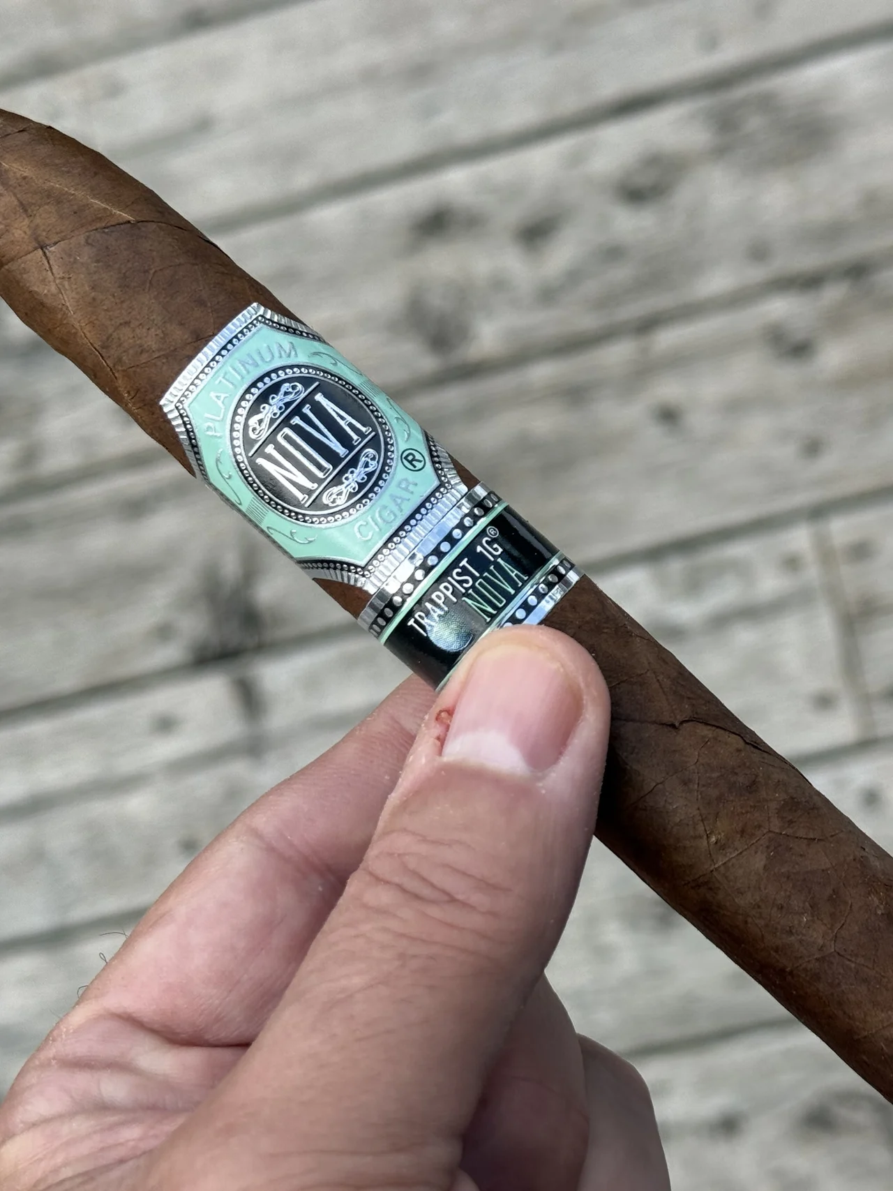 PLATINUM NOVA TRAPPIST 1G TORPEDO 7&frac14;&times;54 held in hand on the porch