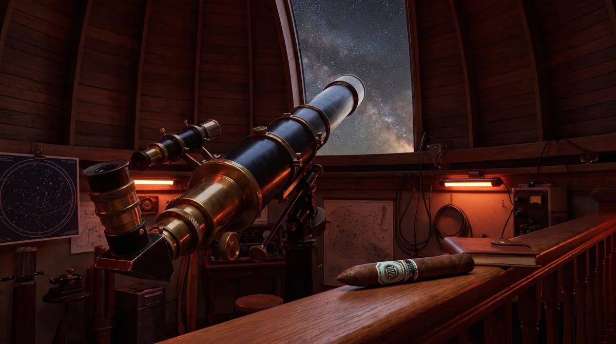 PLATINUM NOVA TRAPPIST 1G TORPEDO 7&frac14;&times;54 resting beside a telescope eyepiece inside an observatory dome