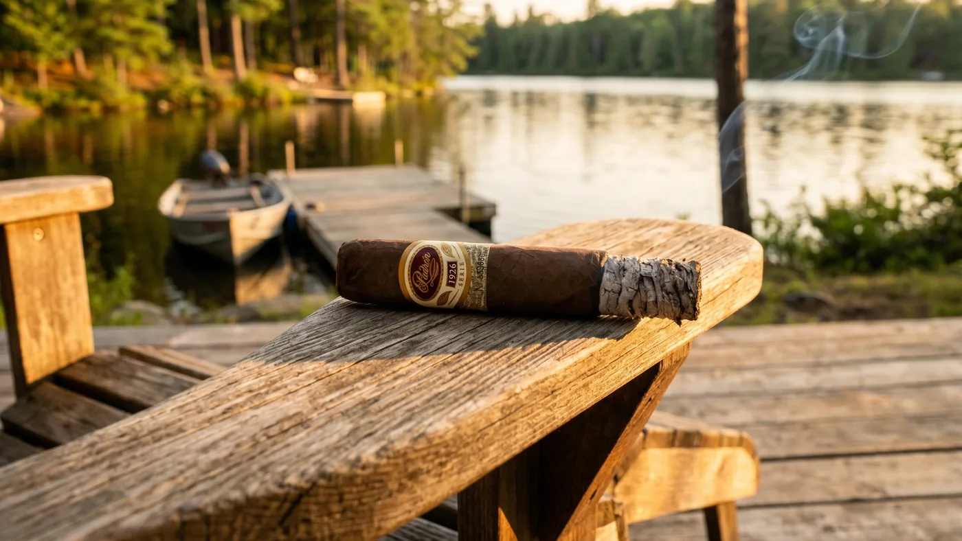 Padron 1926 Serie No. 35 Natural resting on a weathered chair arm at the lake at golden hour