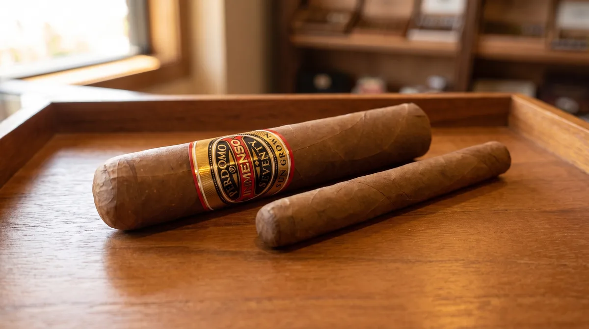 PERDOMO INMENSO SEVENTY SUN GROWN EPICURE 6×70 single cigar showing the milk-chocolate sun grown wrapper and gold sunburst band