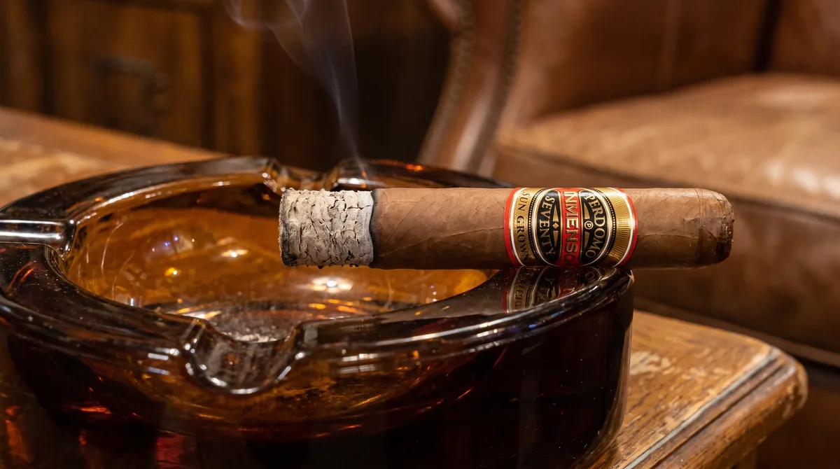 PERDOMO INMENSO SEVENTY SUN GROWN EPICURE 6×70 resting in a large ashtray mid-smoke