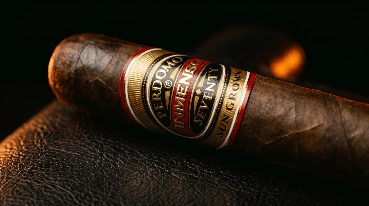 PERDOMO INMENSO SEVENTY SUN GROWN EPICURE 6×70 macro close-up of the wrapper texture and gold sunburst band