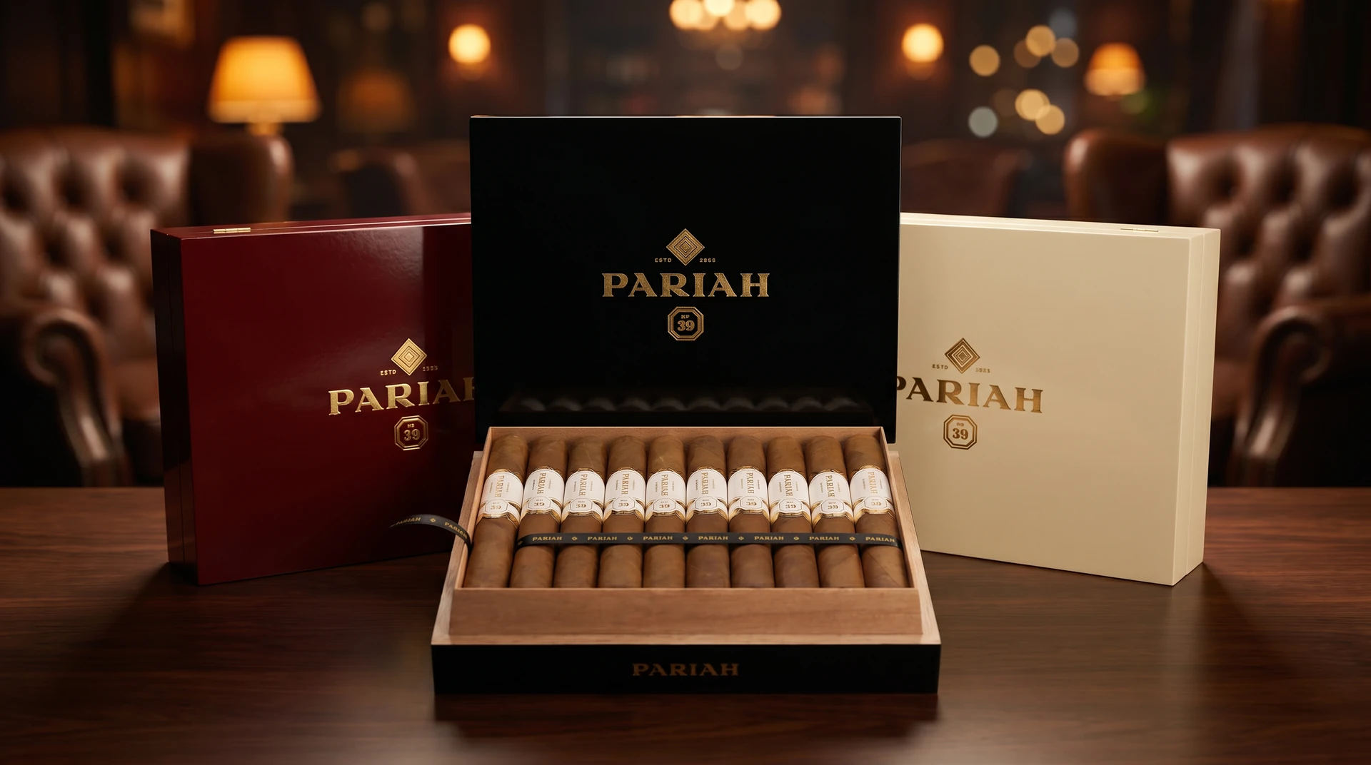 Three Pariah No. 39 box-pressed super toros side by side showing the San Andrés Black, Sumatra Red, and Connecticut White wrappers with matching band colors
