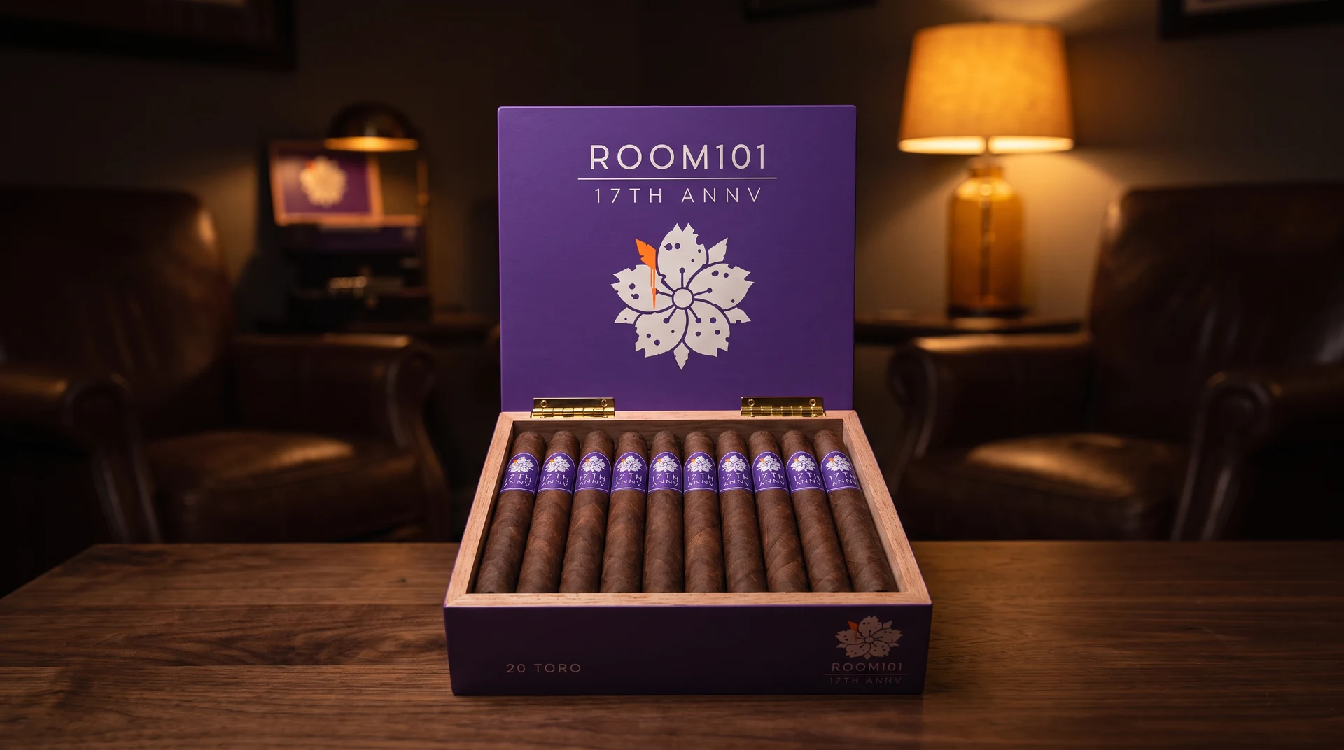 Room101 17th Anniversary purple cigar box of 20, lid reading ROOM101 17TH ANNV above a silver cherry blossom