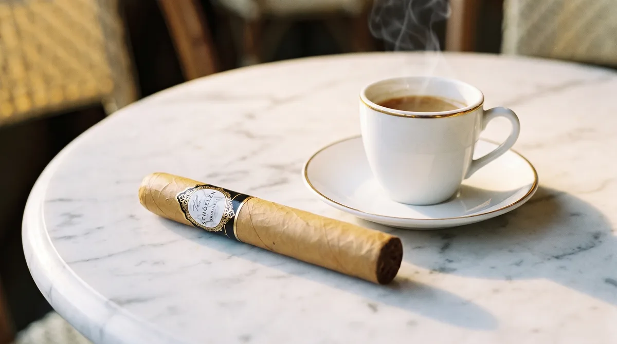SCHÖELEN ORIGINELL 5⅞×52 single cigar showing the black and antique gold band with the white shield cartouche