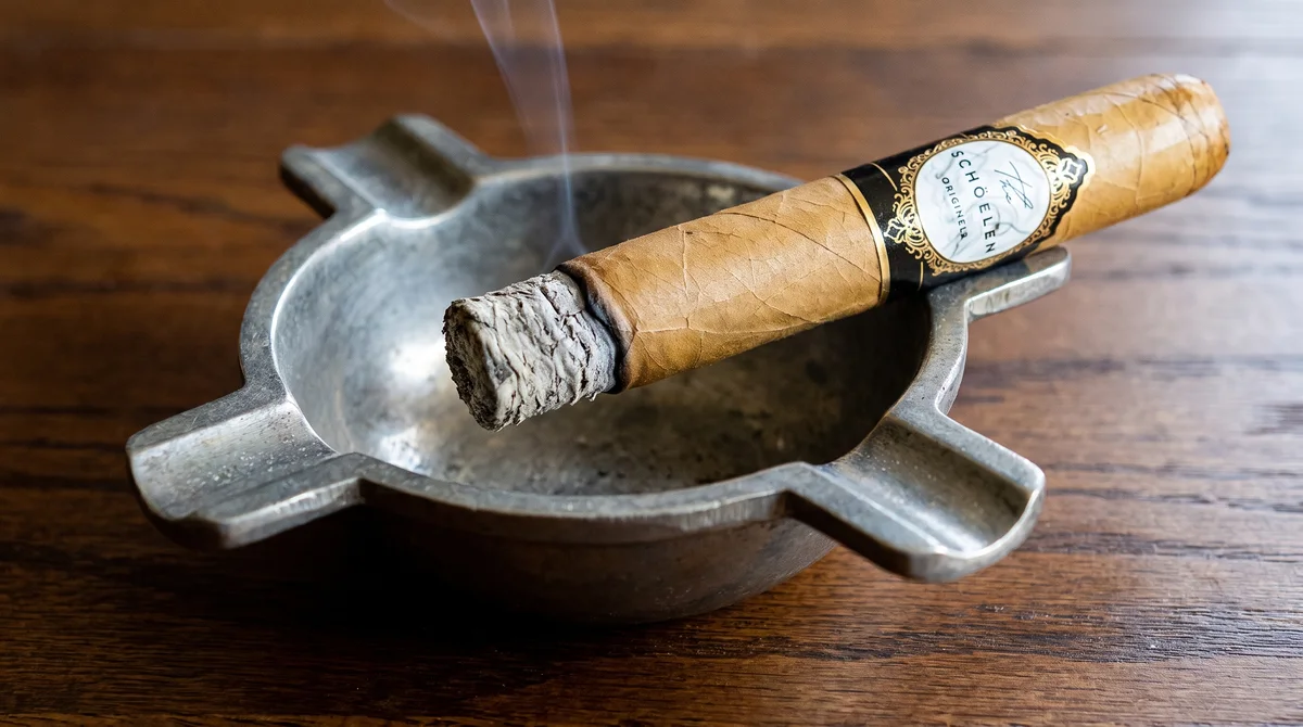 SCHÖELEN ORIGINELL 5⅞×52 resting in an ashtray with smoke rising from the foot