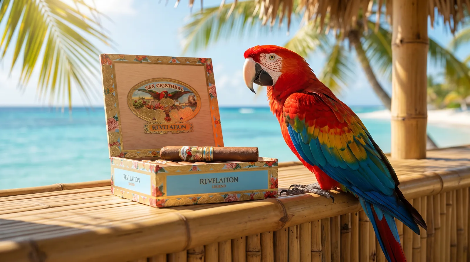 A scarlet macaw parrot beside the San Cristobal Revelation box at a tropical tiki bar