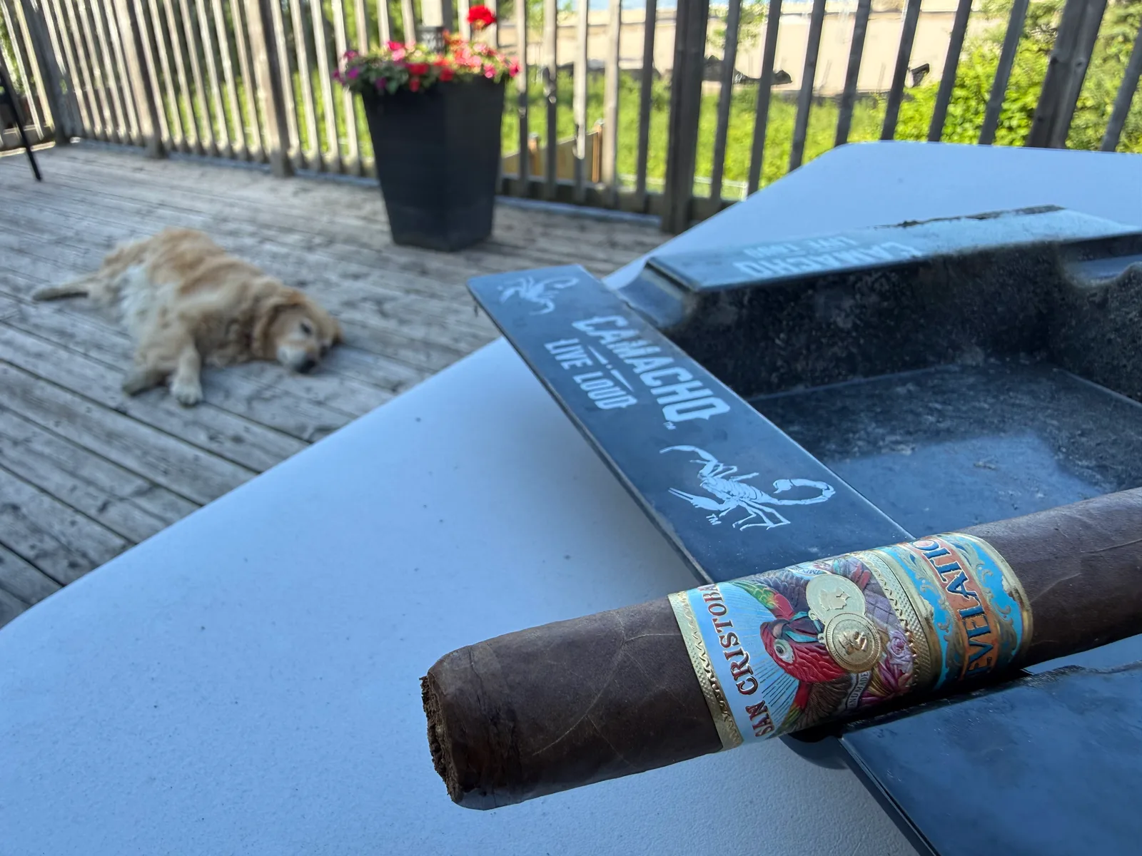 San Crist&oacute;bal Revelation cigar resting on an ashtray with Dallas in the background
